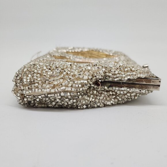 Vintage 1950's Silver Pearl Diamond Pattern Hand Beaded Evening Purse Clutch - Picture 11 of 12